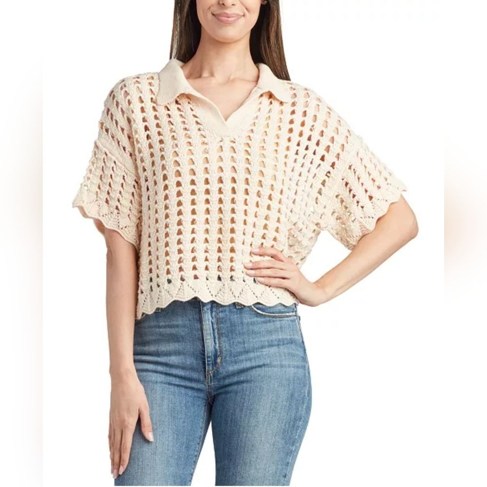 A. Byer Cream Crochet Collared Lrg Sweater Blouse Cropped Layering Granola Girl